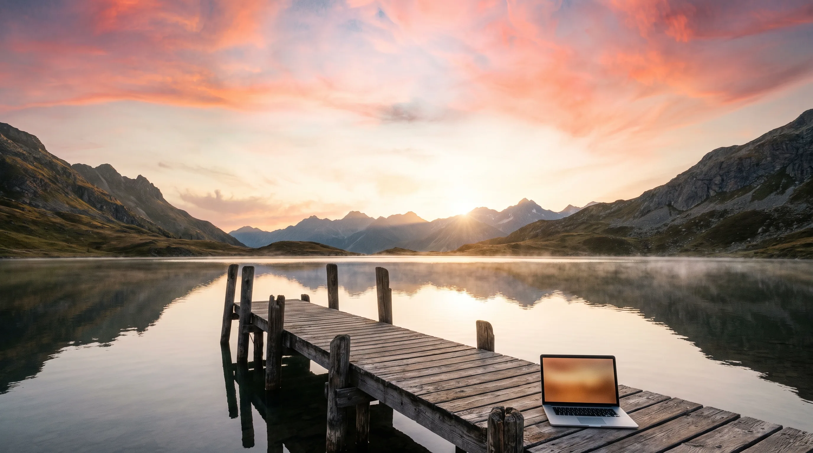 Sunrise over a mountain lake, with a laptop on a wooden dock